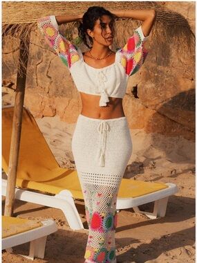 Spell Crochet Set Let the Sunshine In Maxi Skirt and Crop Top Cream Rainbow S
